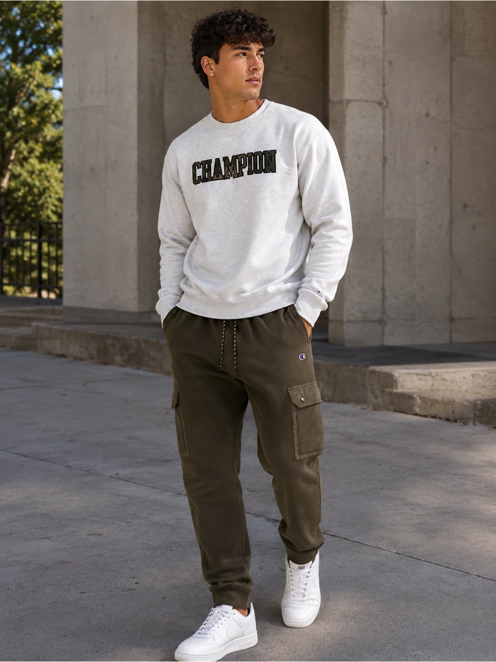 Men’s Champion Light tan Crewneck with army fatigue Logo Detail matching pants